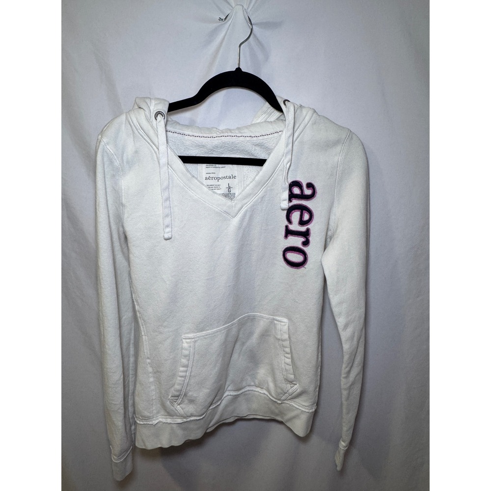 Vintage Y2K Aeropostale White Hoodie Pink Navy Applique 87 Sleeve Size L